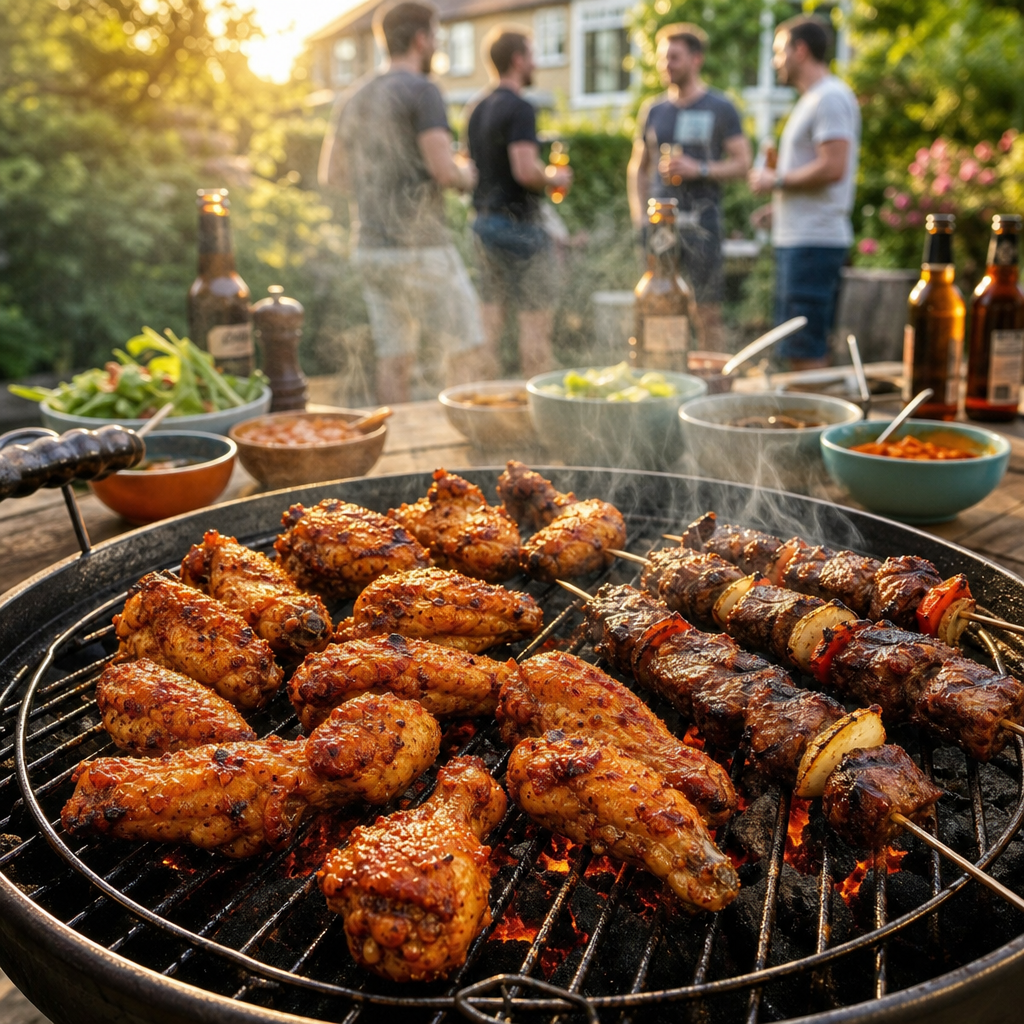 Outdoor summer BBQ with Chinese marinades - grilled meats on charcoal grill