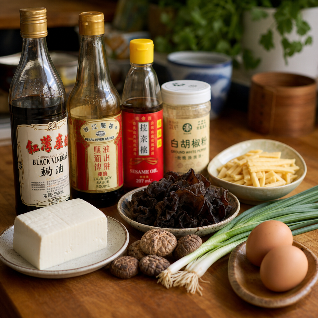 Preparing fresh ingredients for Chinese hot and sour soup with authentic condiments