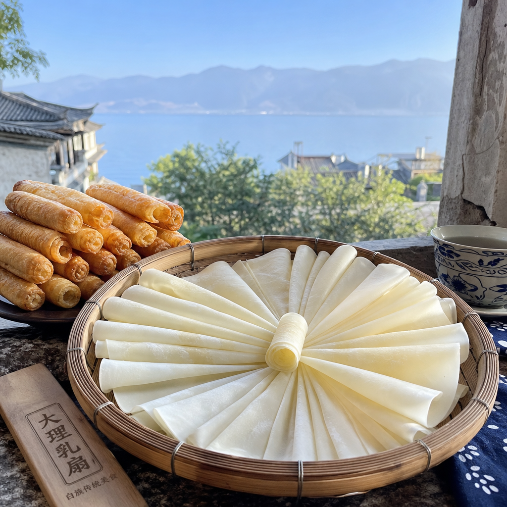 Traditional Yunnan Bai minority rushan (milk fan sheets) displayed with golden fried rolls, showcasing unique ethnic dairy culture