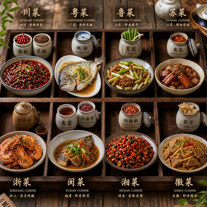 Overview of the Chinese Eight Great Cuisines with representative seasonings