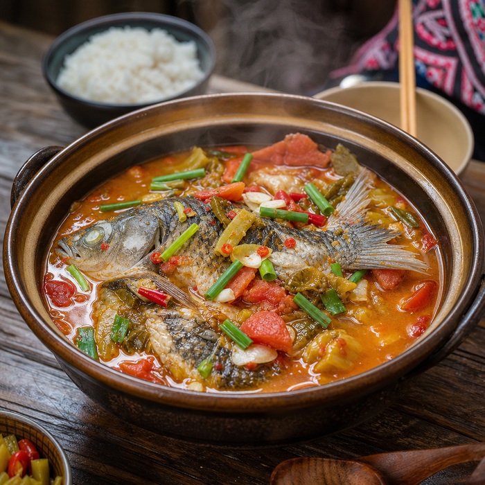 Traditional Guizhou sour fish soup with fresh river fish in aromatic sour broth