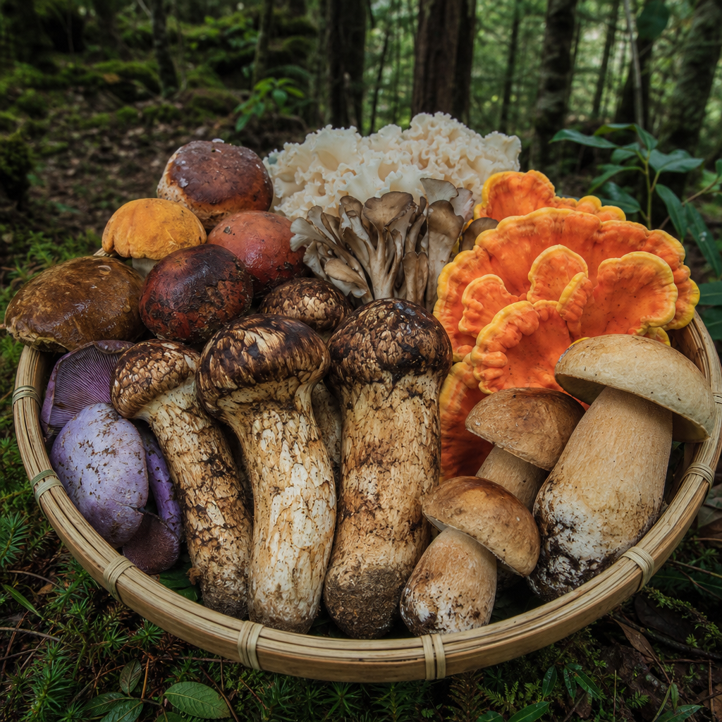 Fresh Yunnan wild mushrooms including matsutake and porcini in bamboo basket