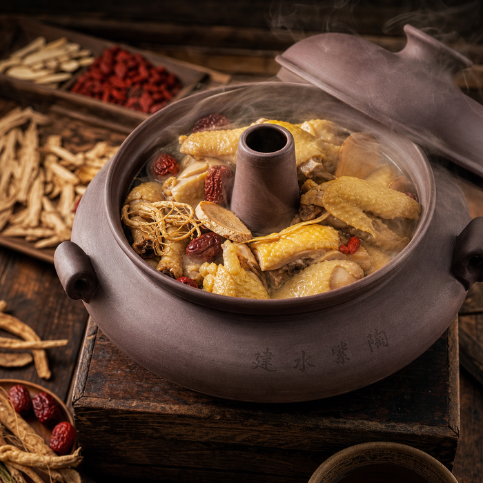 Traditional Yunnan steam pot chicken with medicinal herbs in Jianshui purple clay pot