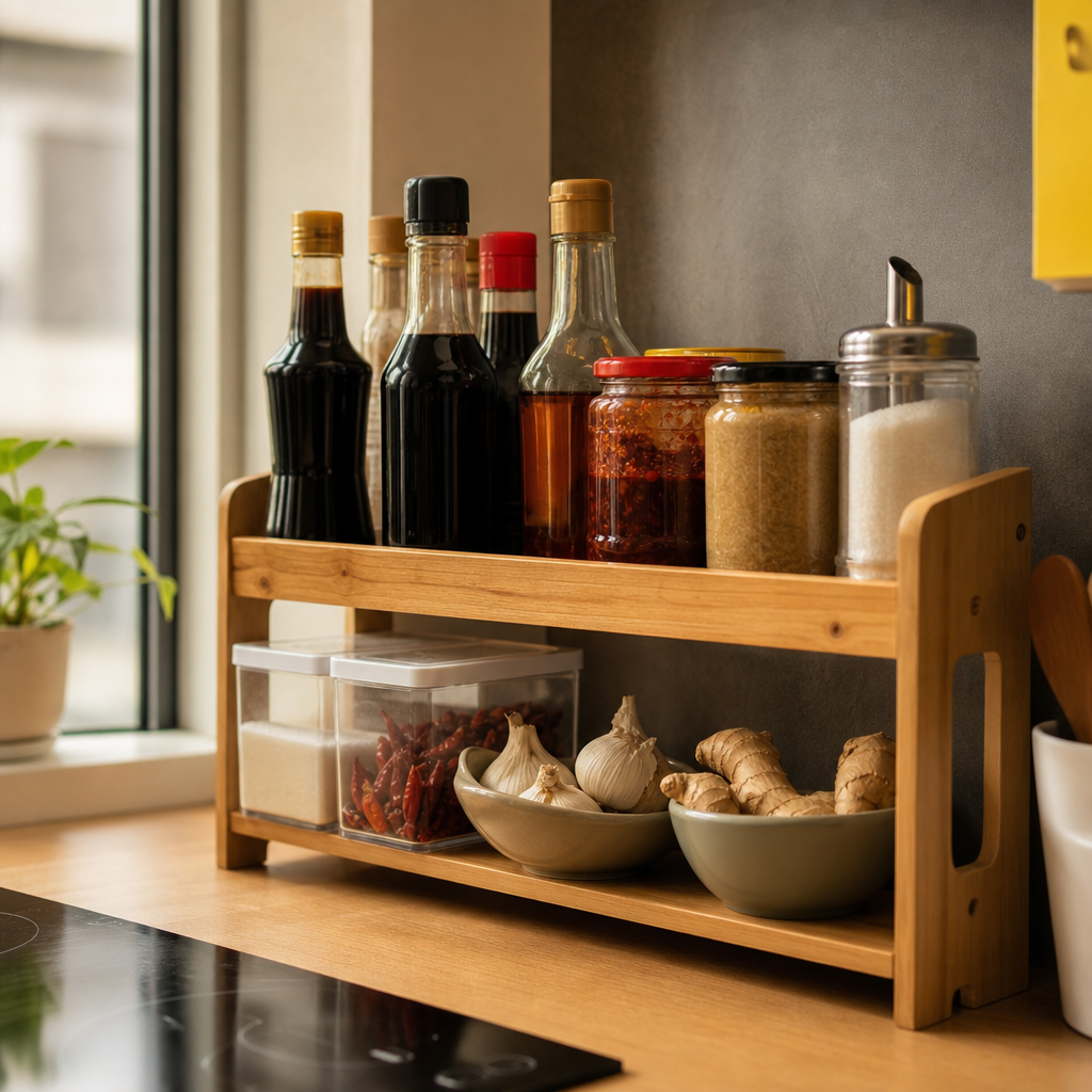 Student dorm shelf with Chinese pantry essentials