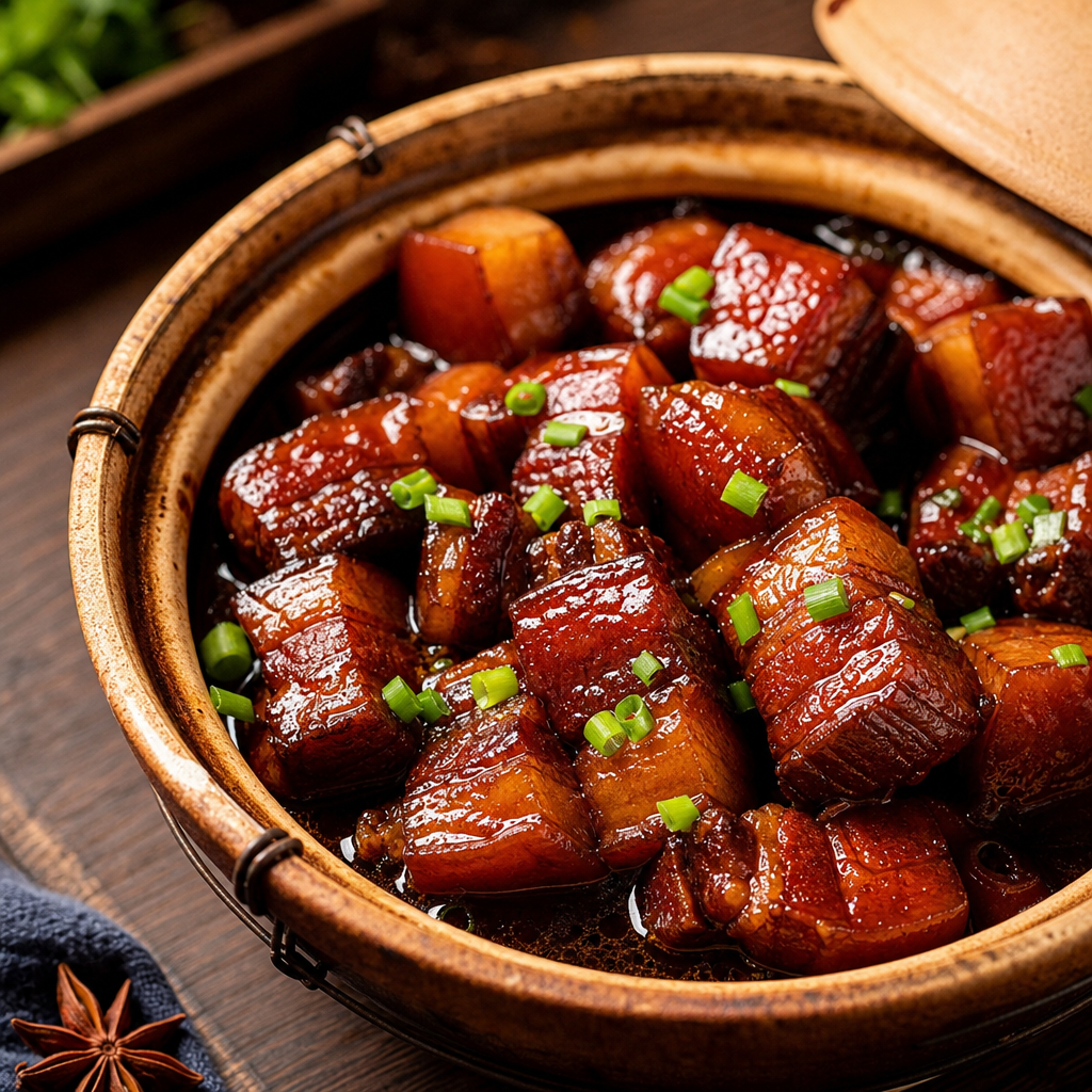 Shanghai red-braised pork with mahogany glaze in traditional clay pot