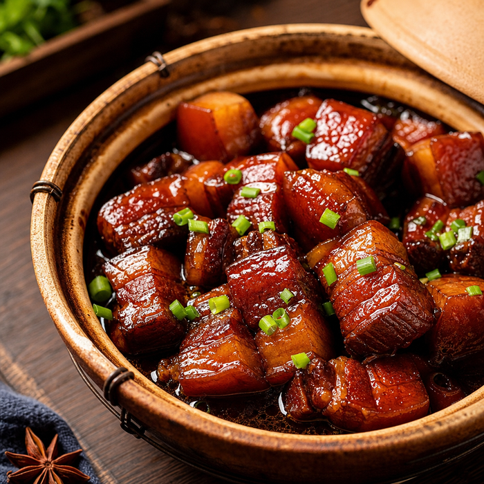 Shanghai red-braised pork with mahogany glaze in traditional clay pot