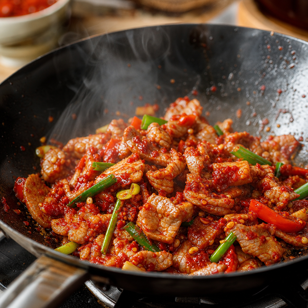 Authentic Guizhou zaolajiao stir-fried pork with vibrant red fermented chili paste