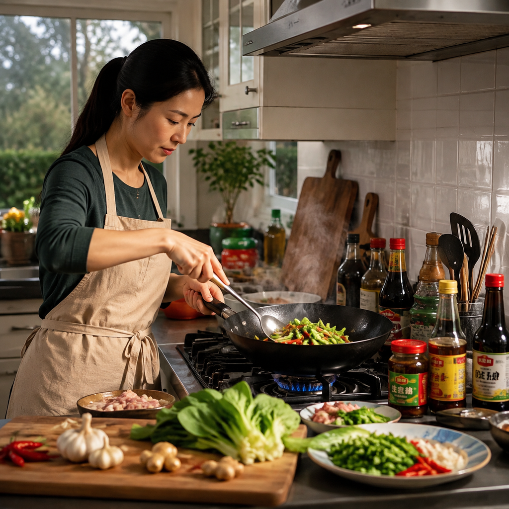 Home cooking authentic Chinese food in UK kitchen with wok and ingredients