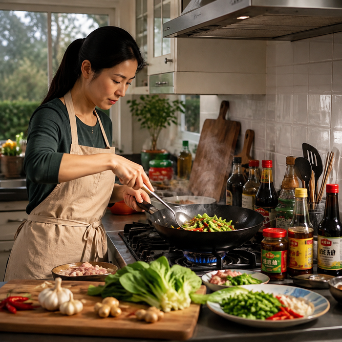 Home cooking authentic Chinese food in UK kitchen with wok and ingredients