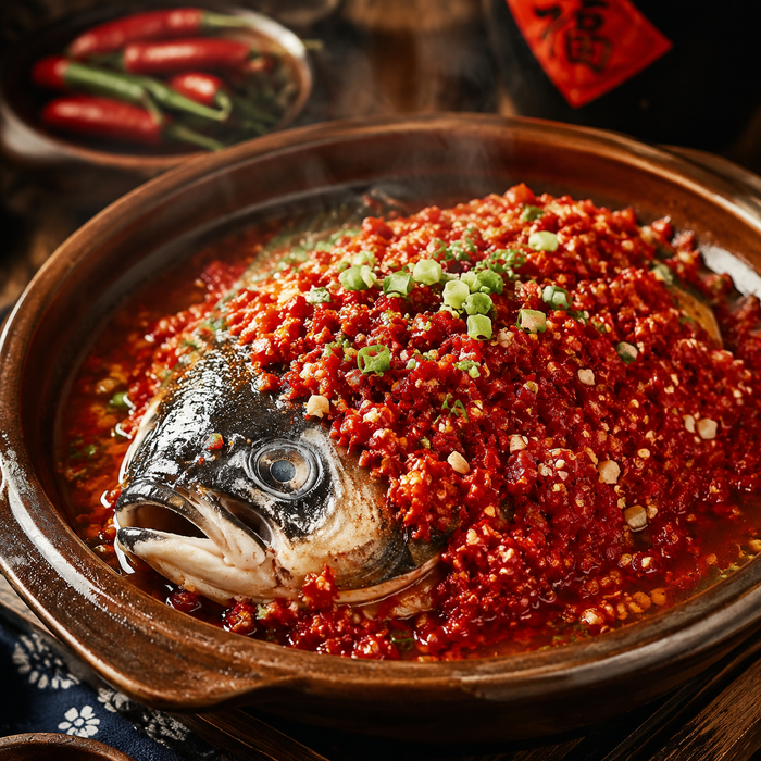Hunan chopped chili fish head covered with bright red fermented chilies on traditional plate