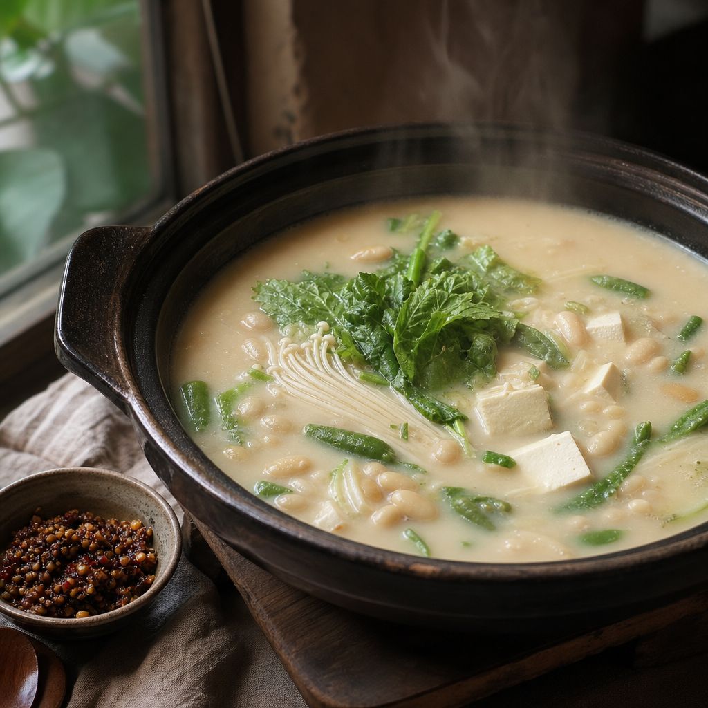 A Guizhou bean hot pot with creamy pale-beige milky bean broth, tofu, greens and steam