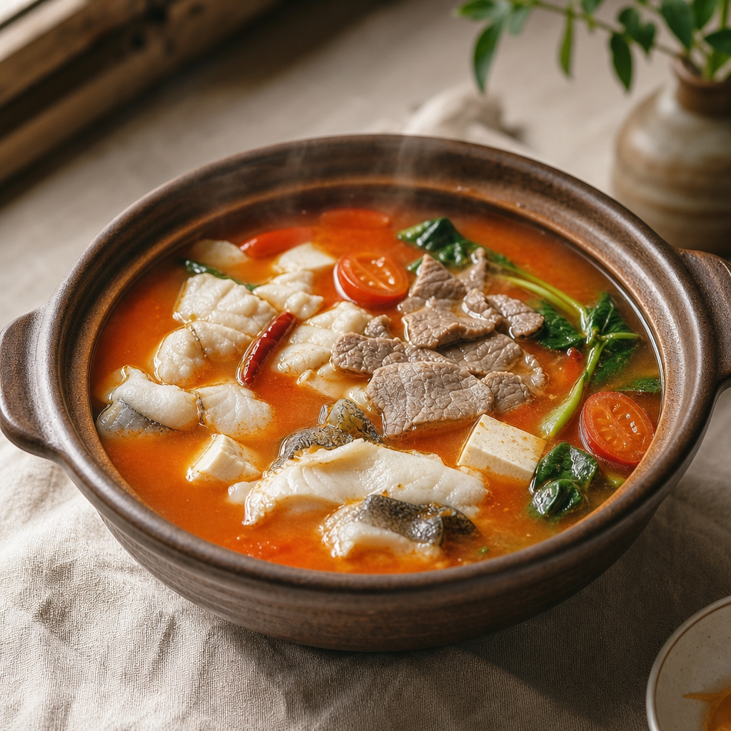 A Guizhou red sour soup hot pot with bright orange-red fermented tomato and chilli broth, fish, tofu and greens